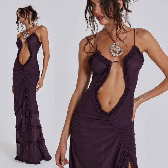 Jaded London Dresses & Skirts - JADED London | NWT Purple Maxi Fatale Ruffle Trim Sheer Side Slit Dress Dusk 4